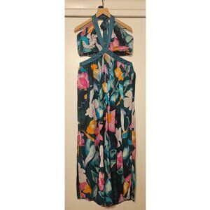 The Brinley ANTHROPOLOGIE V NECK CUT OUT BACK JUMPSUIT XL green floral wide leg